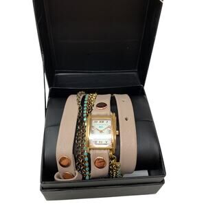 La Mer Collections Womens Wrap Watch Beige Leather Gold Tone Chain Blue Bead NEW